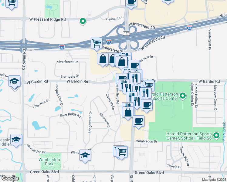 map of restaurants, bars, coffee shops, grocery stores, and more near 1802 Paddington Court in Arlington