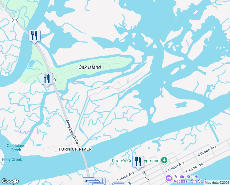 map of restaurants, bars, coffee shops, grocery stores, and more near 228 Little Oak Island Drive in Folly Beach