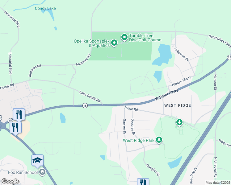 map of restaurants, bars, coffee shops, grocery stores, and more near 1000-1176 West Point Parkway in Opelika