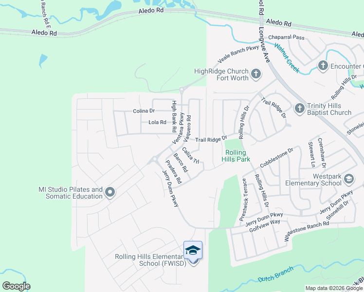 map of restaurants, bars, coffee shops, grocery stores, and more near 5656 Vaquero Road in Fort Worth