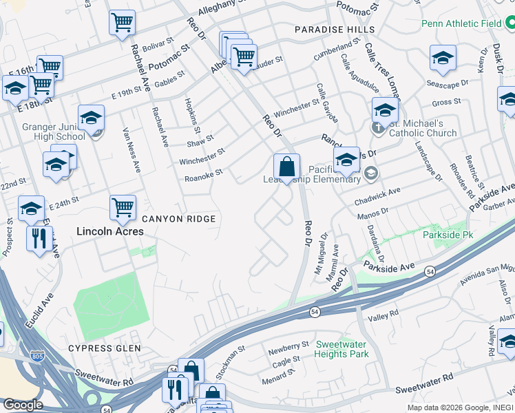 map of restaurants, bars, coffee shops, grocery stores, and more near 5732 Calle Casas Bonitas in San Diego