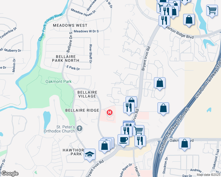 map of restaurants, bars, coffee shops, grocery stores, and more near 6065 Monte Vista Lane in Fort Worth