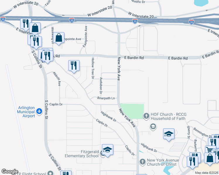 map of restaurants, bars, coffee shops, grocery stores, and more near 1704 Fieldstone Court in Arlington