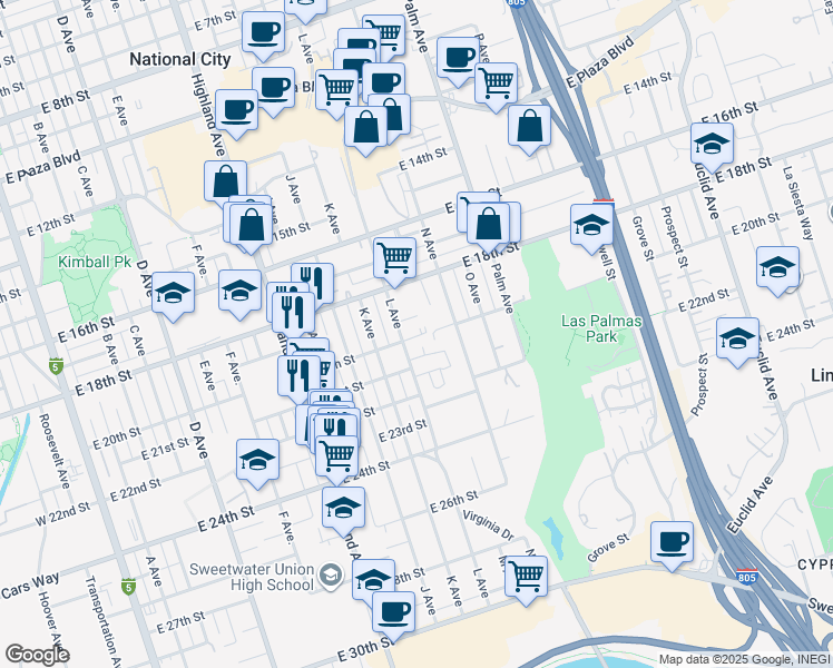 map of restaurants, bars, coffee shops, grocery stores, and more near 2039 L Avenue in National City