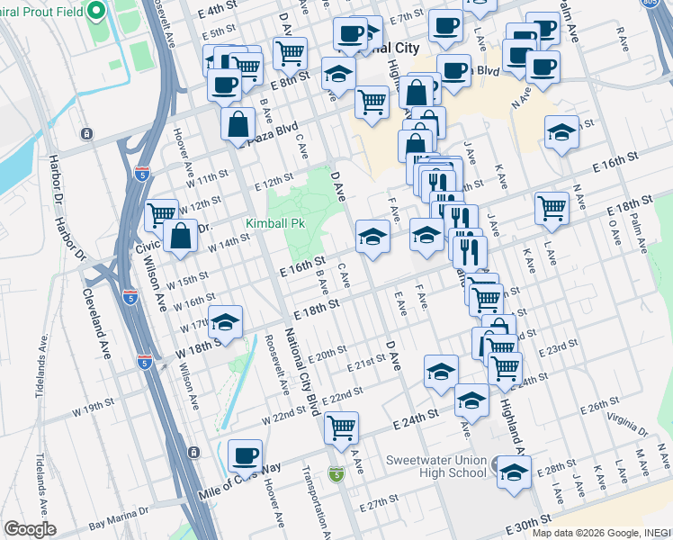 map of restaurants, bars, coffee shops, grocery stores, and more near 1721 C Avenue in National City