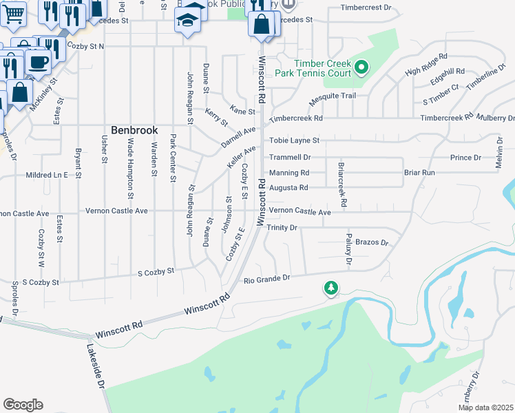 map of restaurants, bars, coffee shops, grocery stores, and more near 1203 Cozby Street East in Benbrook