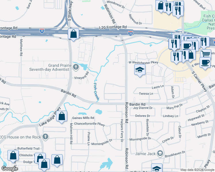 map of restaurants, bars, coffee shops, grocery stores, and more near 860 Roaring Springs Road in Grand Prairie