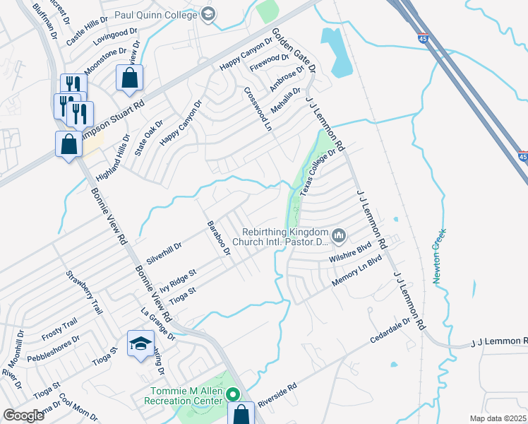 map of restaurants, bars, coffee shops, grocery stores, and more near 1100 Texas College Drive in Dallas