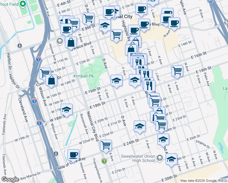 map of restaurants, bars, coffee shops, grocery stores, and more near 1721 C Avenue in National City