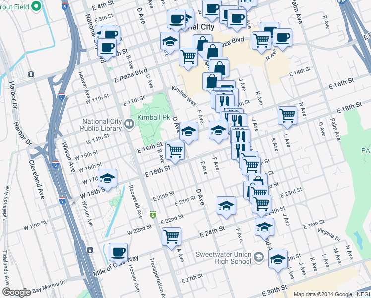 map of restaurants, bars, coffee shops, grocery stores, and more near 1701 D Avenue in National City