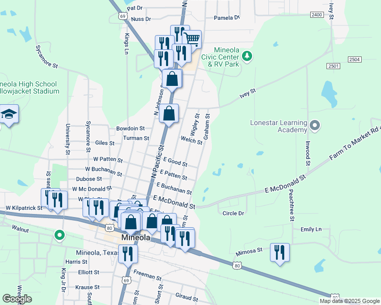 map of restaurants, bars, coffee shops, grocery stores, and more near 728 Wigley Street in Mineola