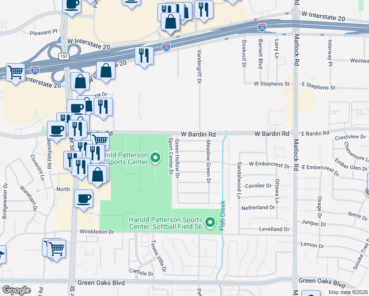 map of restaurants, bars, coffee shops, grocery stores, and more near 937 Highcrest Drive in Arlington