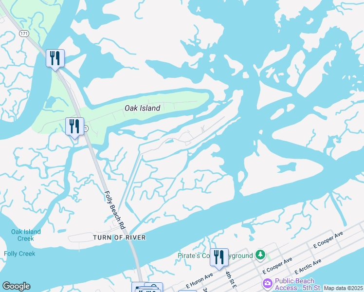 map of restaurants, bars, coffee shops, grocery stores, and more near 229 East Mariners Cay in Folly Beach