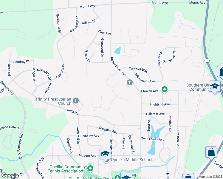 map of restaurants, bars, coffee shops, grocery stores, and more near 606 India Road in Opelika