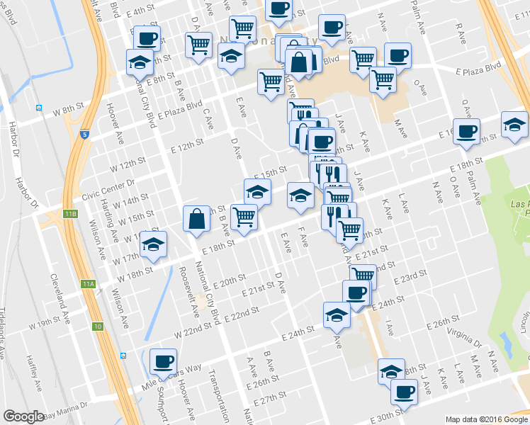 map of restaurants, bars, coffee shops, grocery stores, and more near 1701 D Avenue in National City