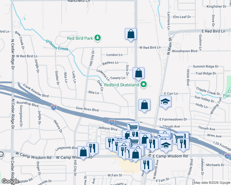 map of restaurants, bars, coffee shops, grocery stores, and more near 1127 Lodema Lane in Duncanville