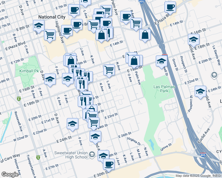 map of restaurants, bars, coffee shops, grocery stores, and more near 1931 L Avenue in National City