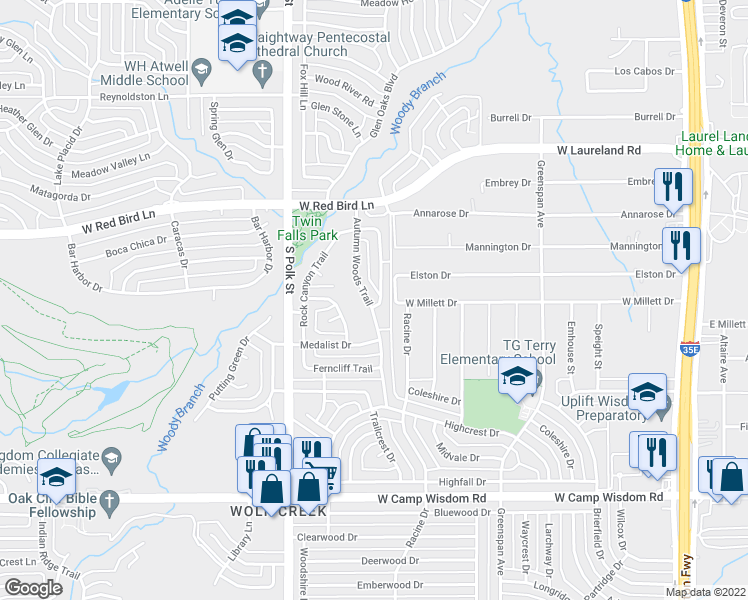 map of restaurants, bars, coffee shops, grocery stores, and more near 6430 Autumn Woods Trail in Dallas