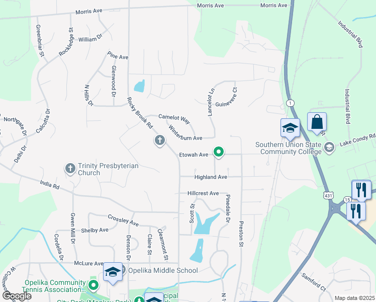 map of restaurants, bars, coffee shops, grocery stores, and more near 501 Winterburn Avenue in Opelika