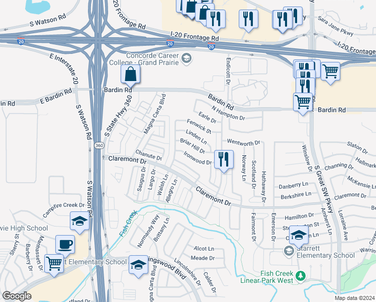 map of restaurants, bars, coffee shops, grocery stores, and more near 2860 Ironwood Drive in Grand Prairie