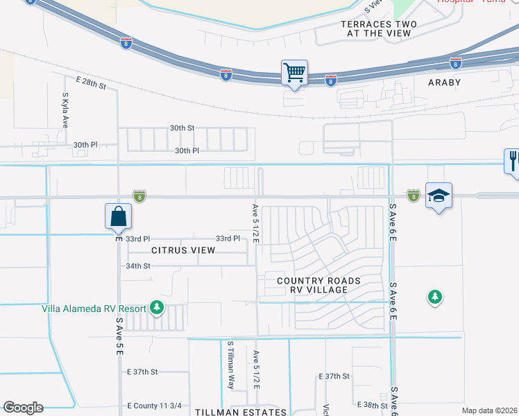 map of restaurants, bars, coffee shops, grocery stores, and more near 5494 County 11th Street in Yuma