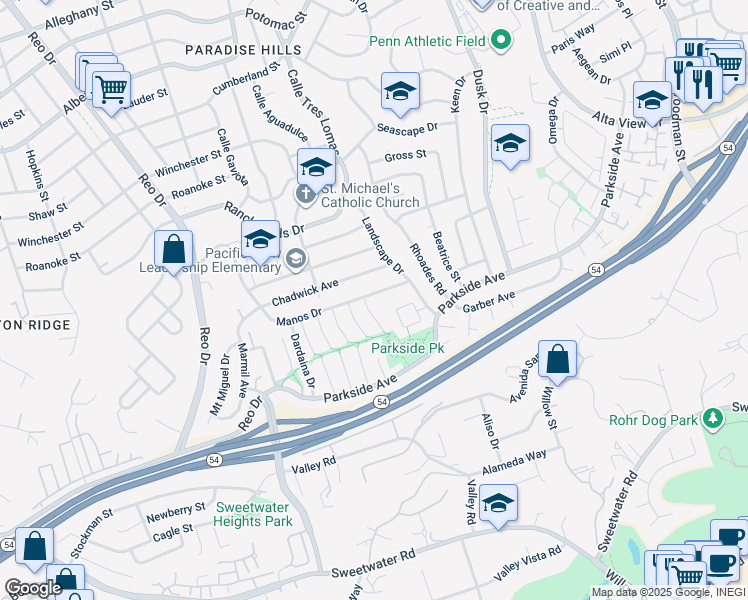 map of restaurants, bars, coffee shops, grocery stores, and more near 3161 Manos Drive in San Diego