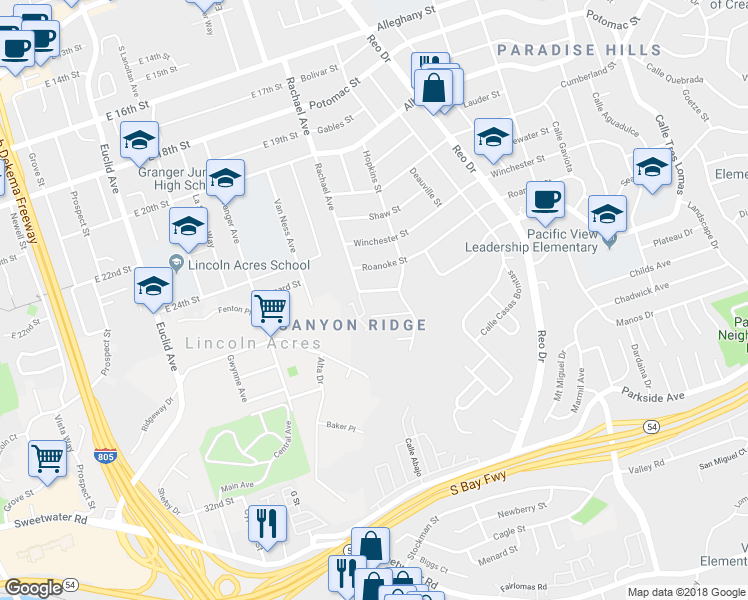 map of restaurants, bars, coffee shops, grocery stores, and more near 5550 Blueridge Street in San Diego