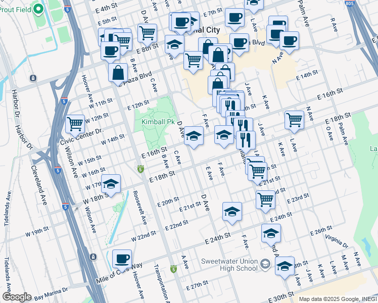 map of restaurants, bars, coffee shops, grocery stores, and more near 319 East 16th Street in National City