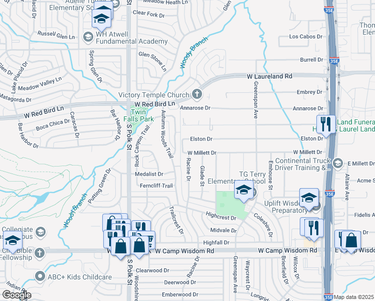 map of restaurants, bars, coffee shops, grocery stores, and more near 717 West Millett Drive in Dallas