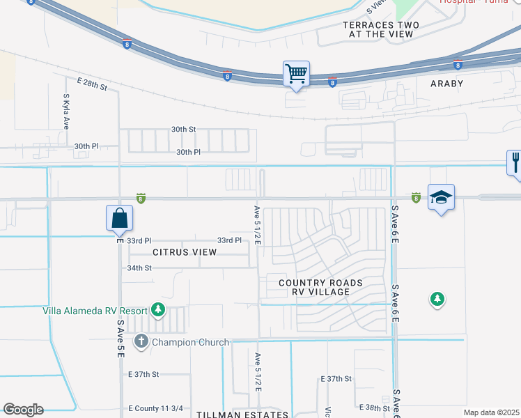 map of restaurants, bars, coffee shops, grocery stores, and more near 5494 County 11th Street in Yuma