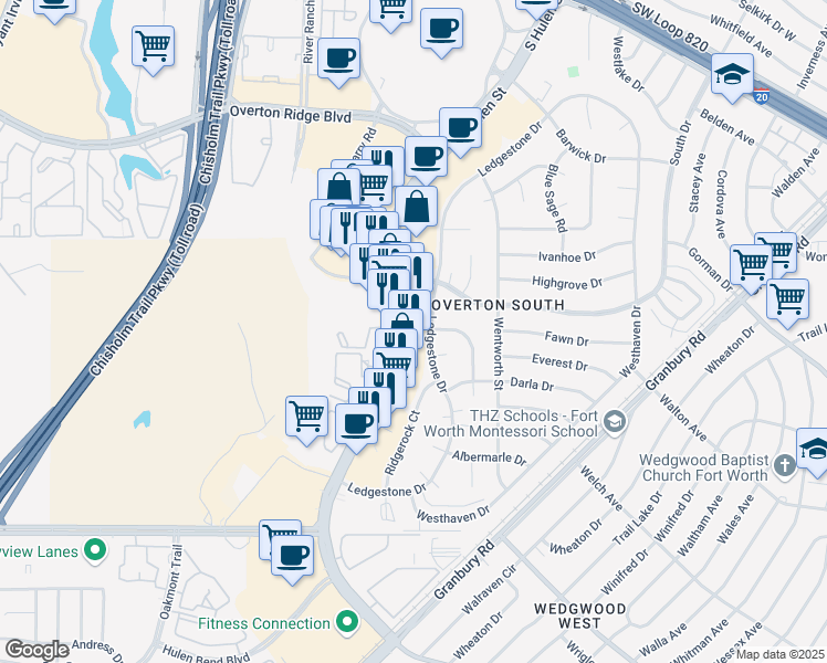map of restaurants, bars, coffee shops, grocery stores, and more near in Fort Worth