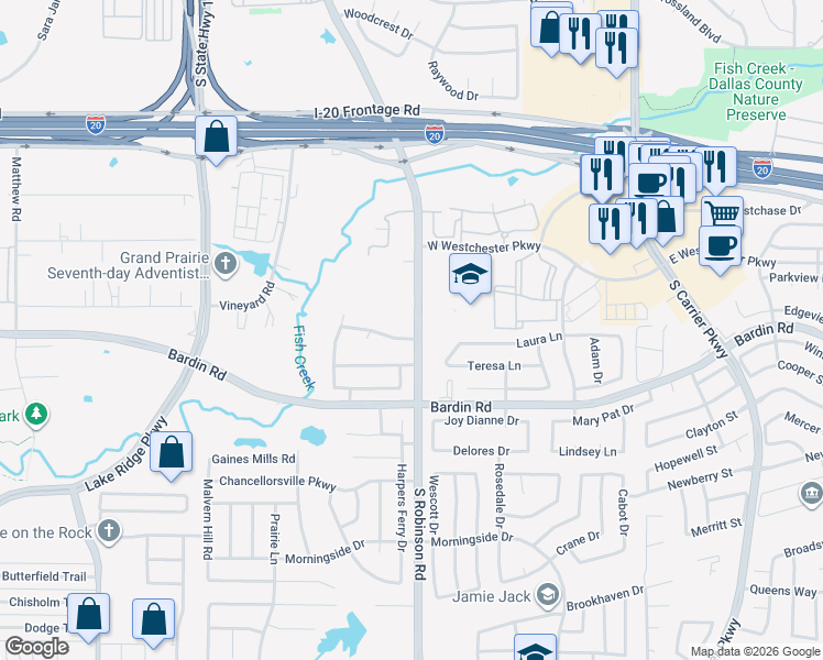 map of restaurants, bars, coffee shops, grocery stores, and more near 4214 South Robinson Road in Grand Prairie