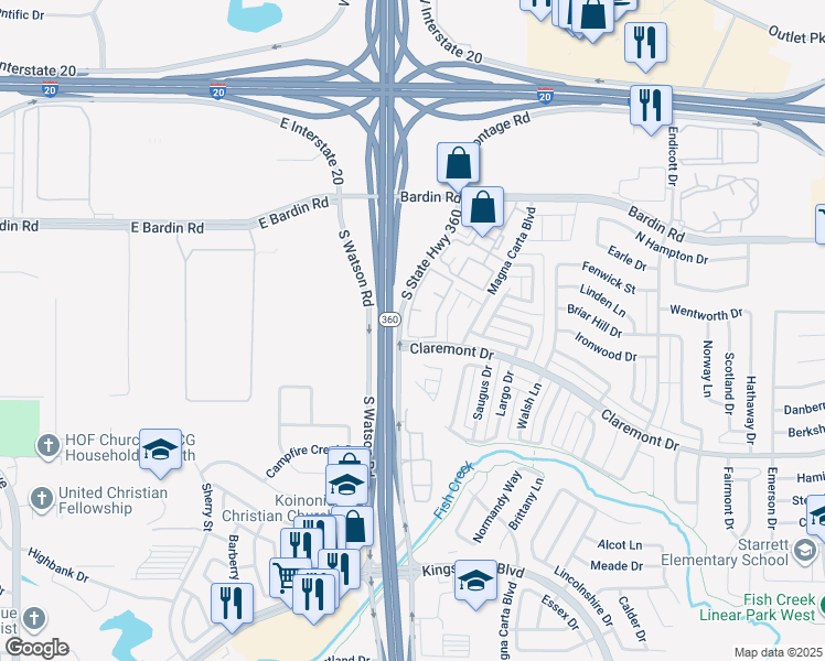 map of restaurants, bars, coffee shops, grocery stores, and more near 4180 La Valse Street in Grand Prairie