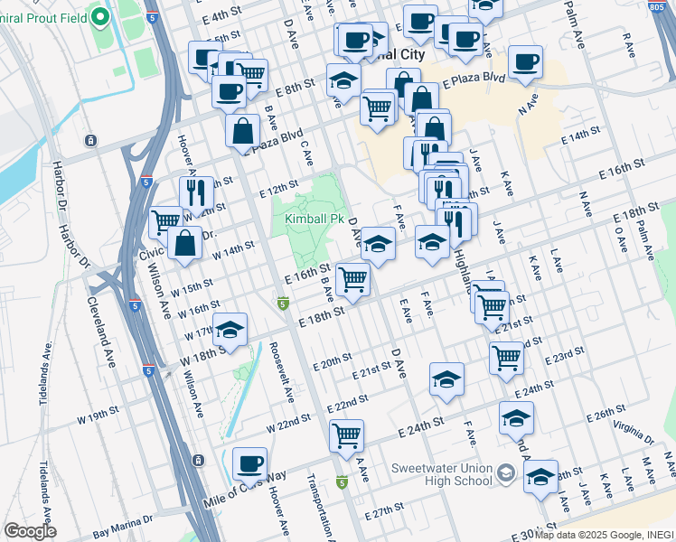 map of restaurants, bars, coffee shops, grocery stores, and more near 232 East 16th Street in National City