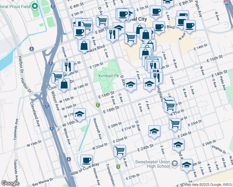 map of restaurants, bars, coffee shops, grocery stores, and more near 232 East 16th Street in National City