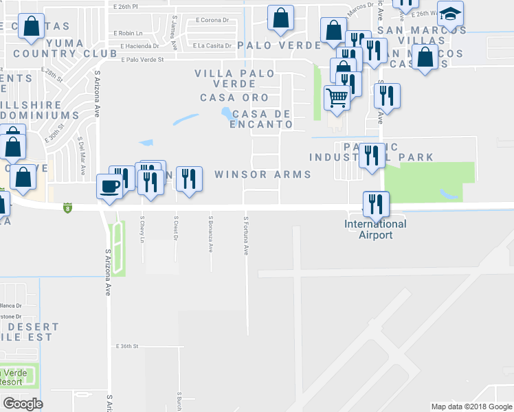 map of restaurants, bars, coffee shops, grocery stores, and more near 1350 East 32nd Street in Yuma