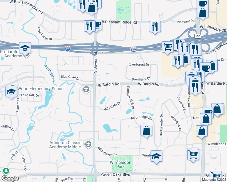map of restaurants, bars, coffee shops, grocery stores, and more near 4701 El Caballero Court in Arlington