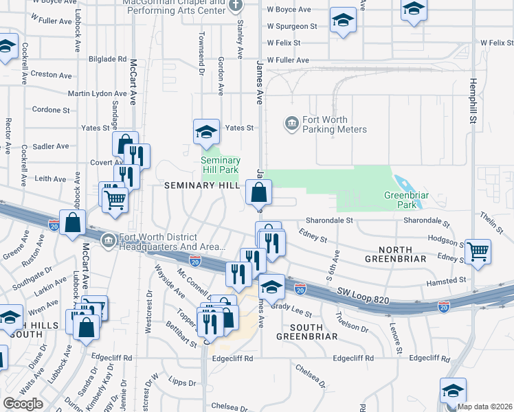 map of restaurants, bars, coffee shops, grocery stores, and more near 5220 James Avenue in Fort Worth