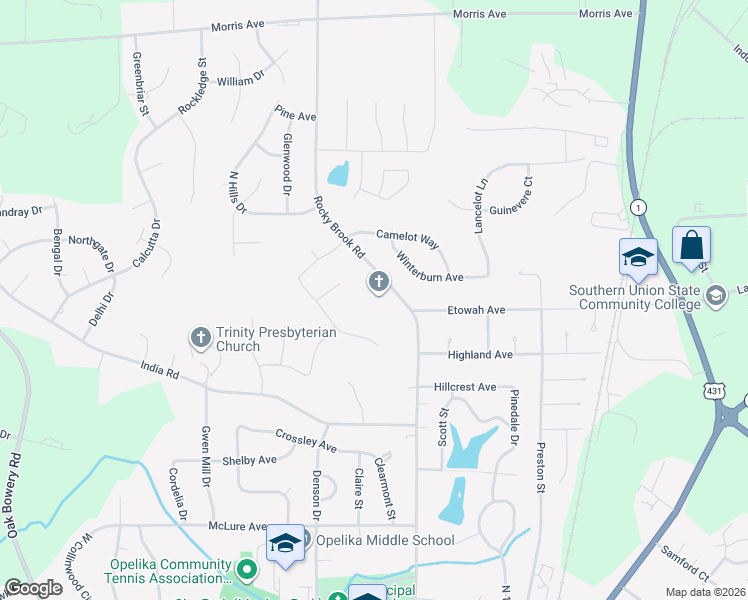 map of restaurants, bars, coffee shops, grocery stores, and more near 1800 Rocky Brook Road in Opelika