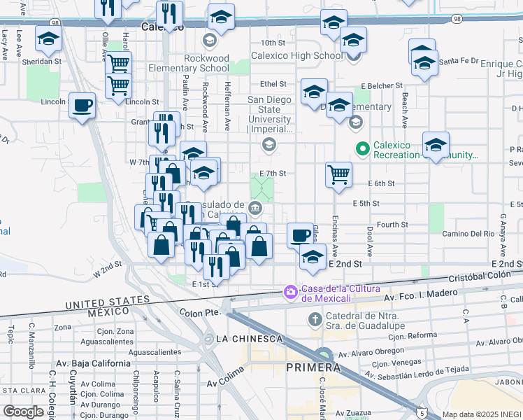 map of restaurants, bars, coffee shops, grocery stores, and more near 420 Heber Avenue in Calexico