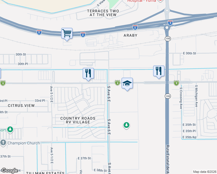 map of restaurants, bars, coffee shops, grocery stores, and more near 6001-6301 Interstate 8Business in Yuma