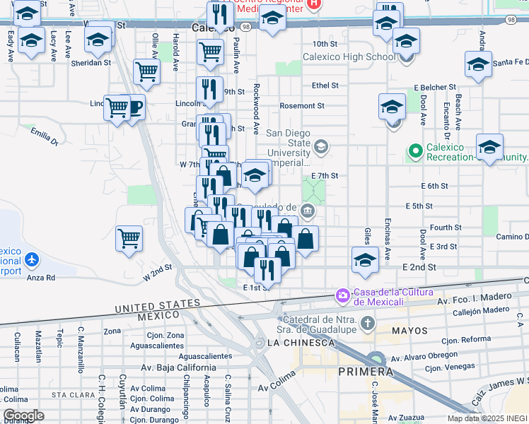 map of restaurants, bars, coffee shops, grocery stores, and more near 237 East 5th Street in Calexico