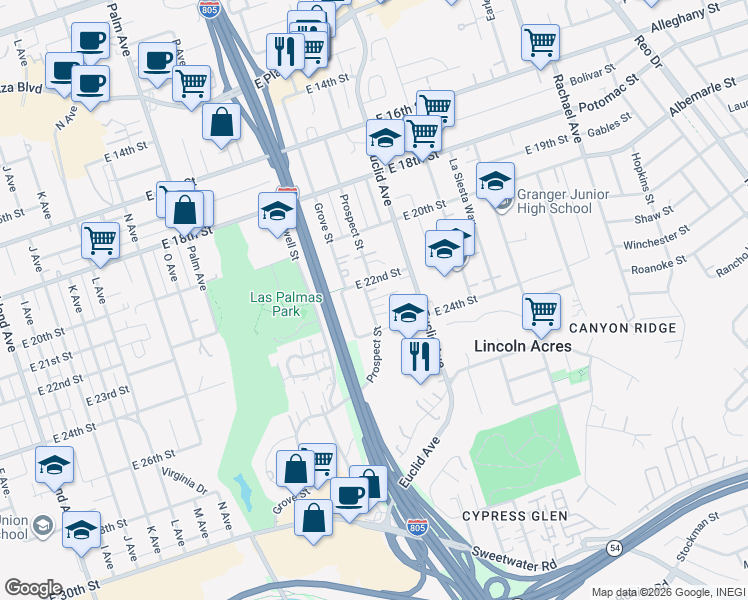 map of restaurants, bars, coffee shops, grocery stores, and more near 2205 Prospect Street in National City