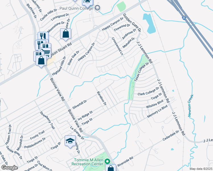 map of restaurants, bars, coffee shops, grocery stores, and more near 4199 Silverhill Drive in Dallas
