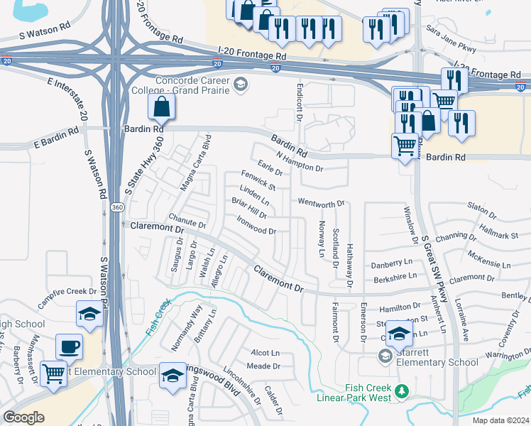 map of restaurants, bars, coffee shops, grocery stores, and more near 2826 Briar Hill Drive in Grand Prairie