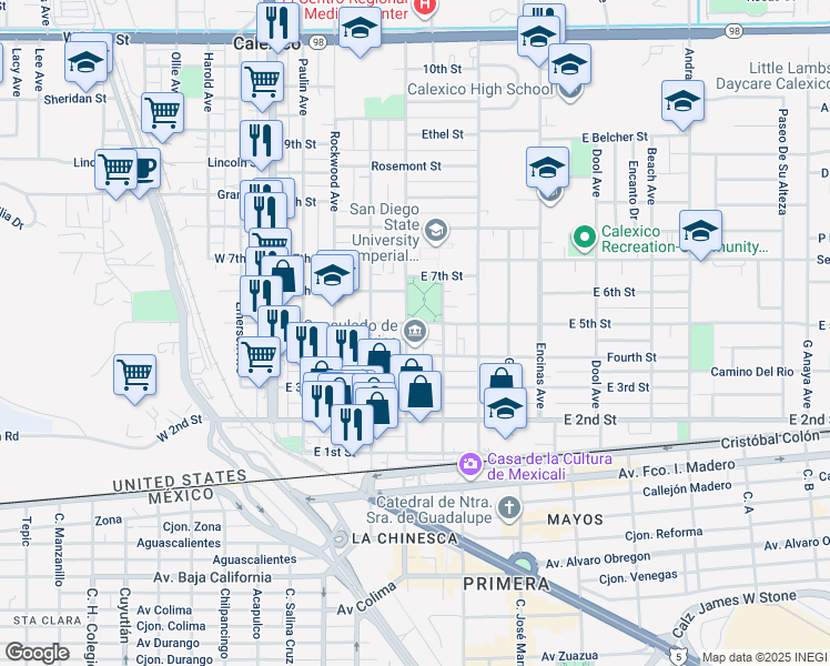 map of restaurants, bars, coffee shops, grocery stores, and more near 420 Heber Avenue in Calexico
