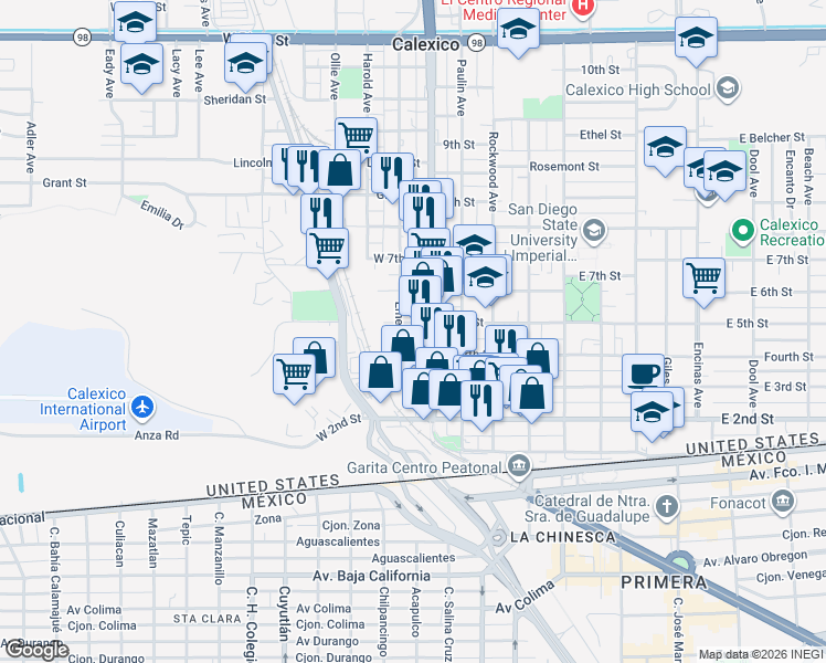 map of restaurants, bars, coffee shops, grocery stores, and more near 505 Emerson Avenue in Calexico