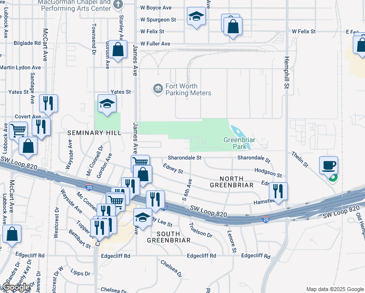 map of restaurants, bars, coffee shops, grocery stores, and more near 5201 James Avenue in Fort Worth
