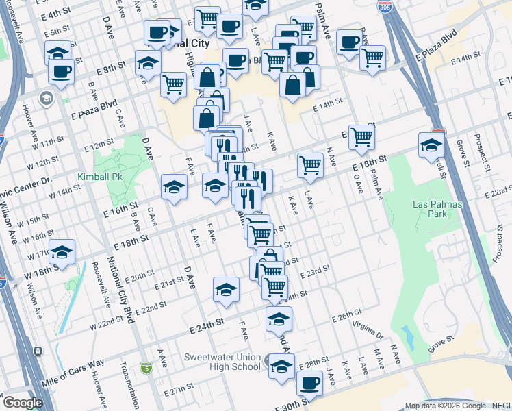 map of restaurants, bars, coffee shops, grocery stores, and more near 1828 I Avenue in National City