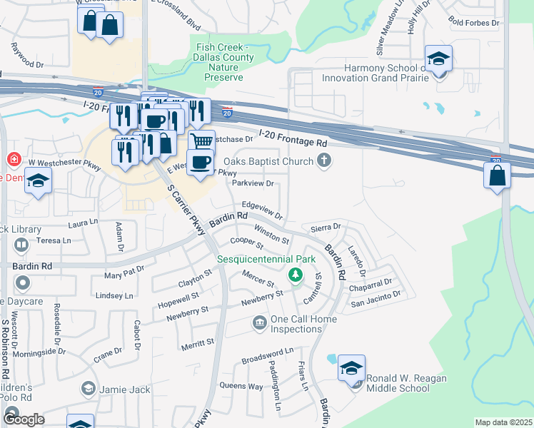 map of restaurants, bars, coffee shops, grocery stores, and more near 549 Edgeview Drive in Grand Prairie
